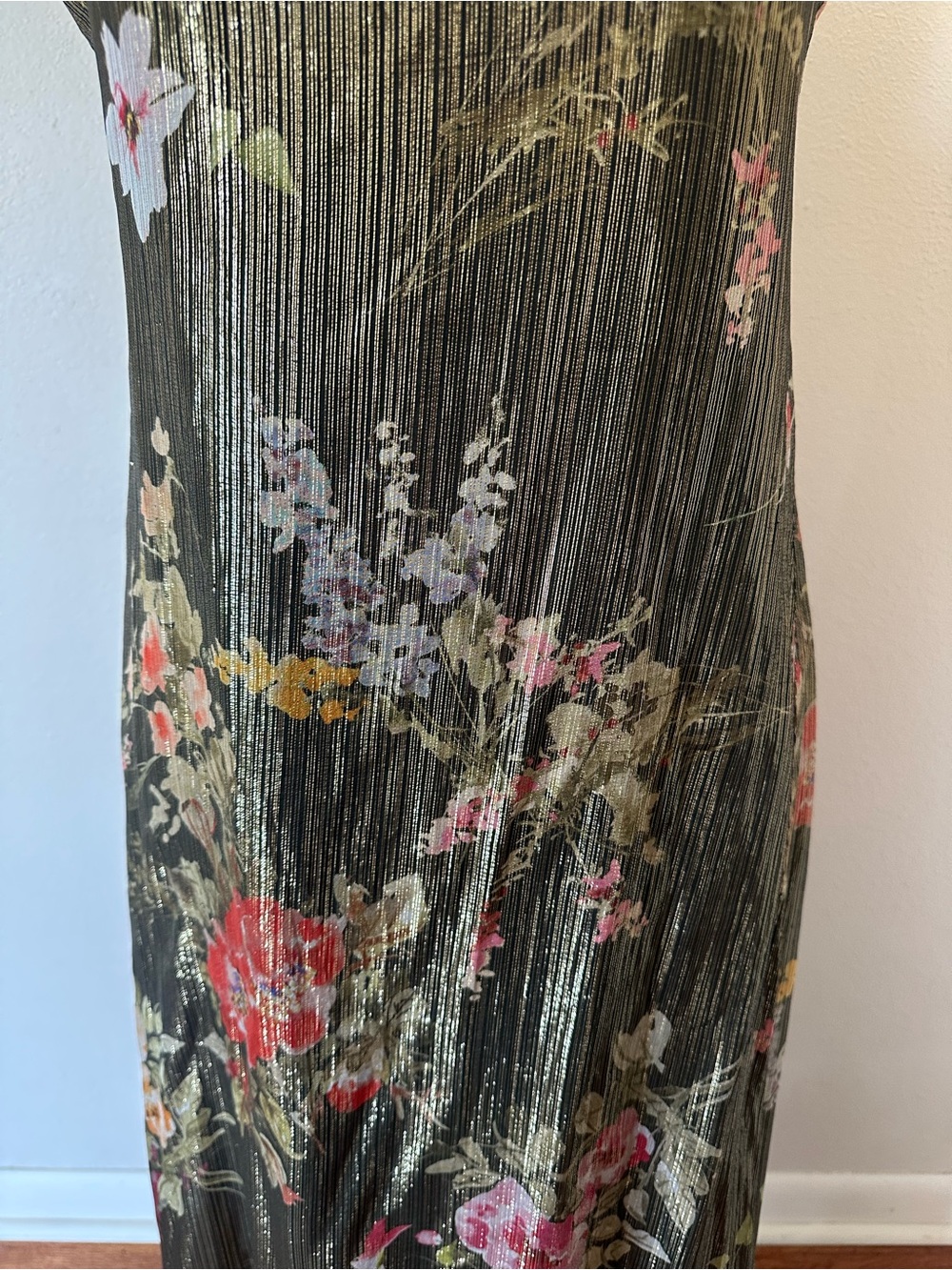 Warm Metallic Gold Floral Shift Dress Silk Made USA Designer Woman's 1 - Picture 8 of 10